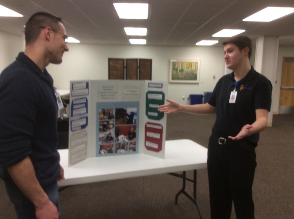 Ross Pilatti explains to Austin Hansen how the skills he learned in Materials Management and Patient Financial Services/HIM translate into possible future employment opportunities