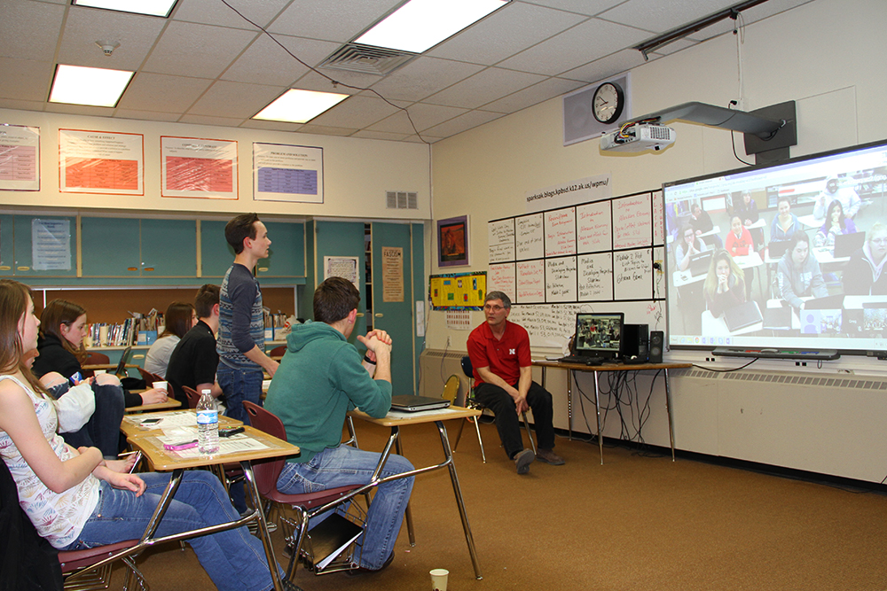 Educator Rob Sparks, Soldotna Prep, video teleconference (VTC) certificate students with KCHS and students in Palestine, April 11, 2016, 8:00 PM